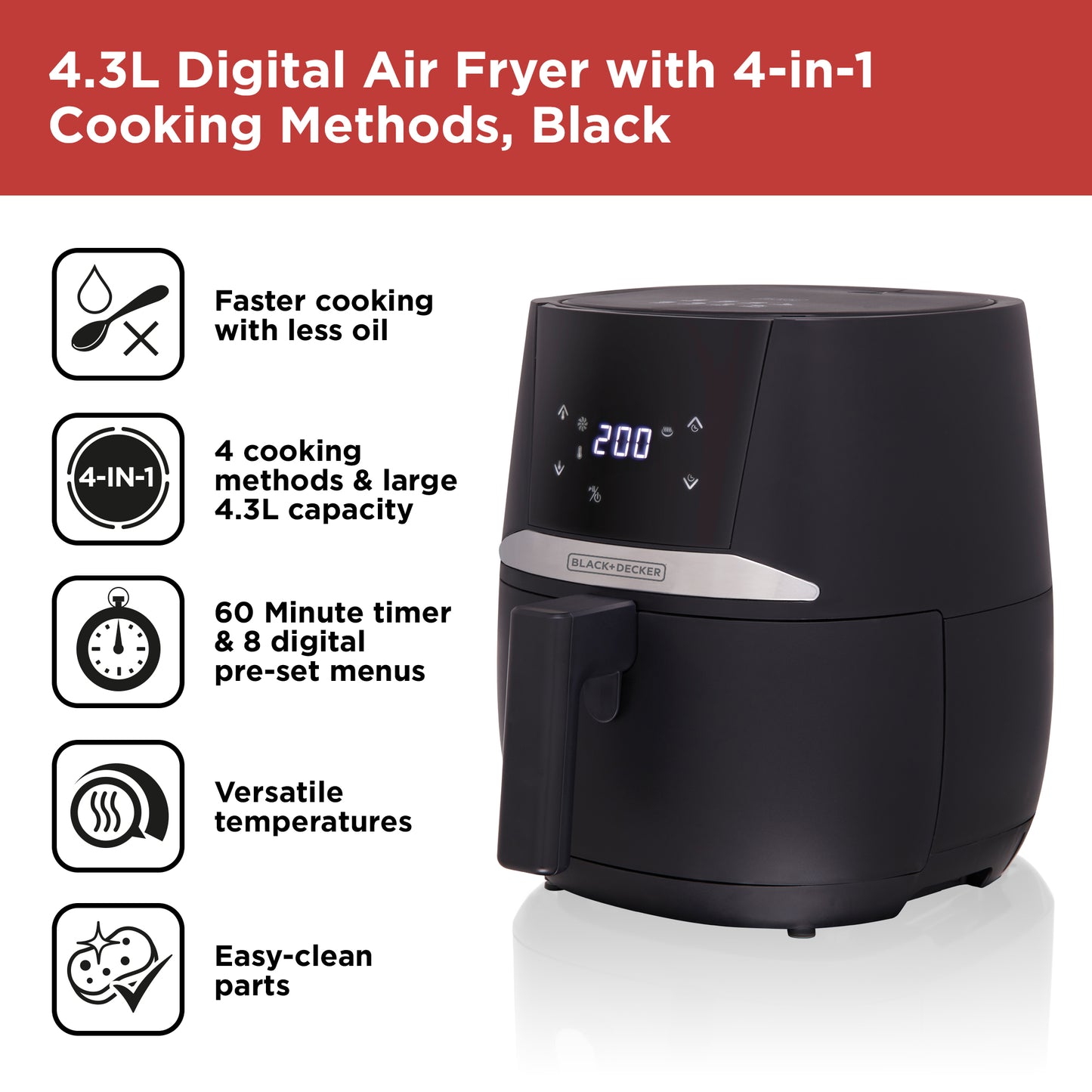 BLACK+DECKER 4.3L Digital Air Fryer – Black (BXAF17092GB)